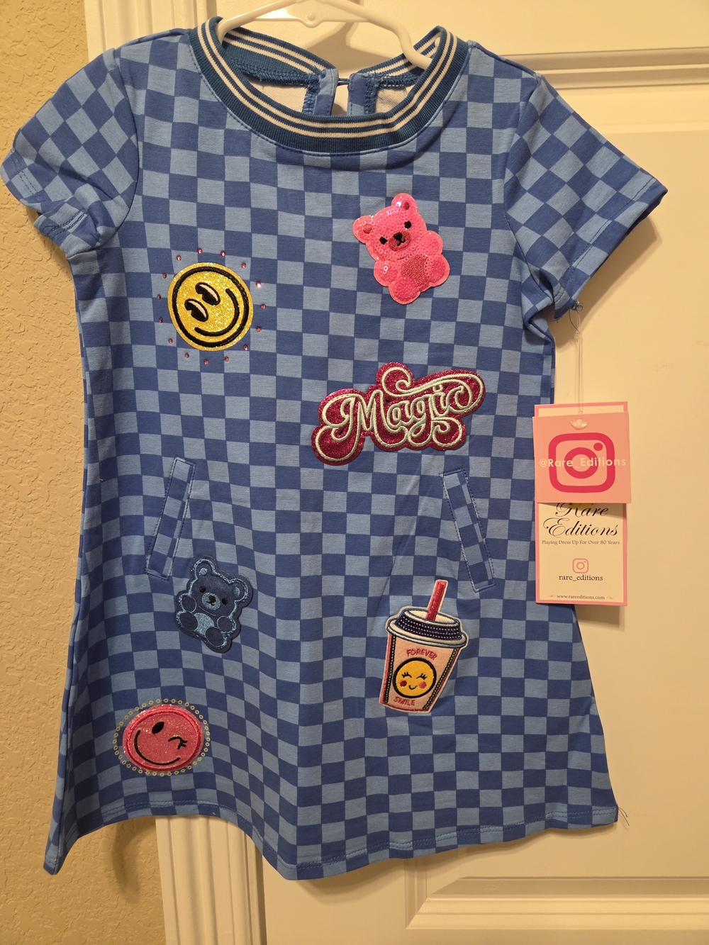 Rare Editions Blue Checkerboard Dress with Sequin And Sparkle Patch Appliqués